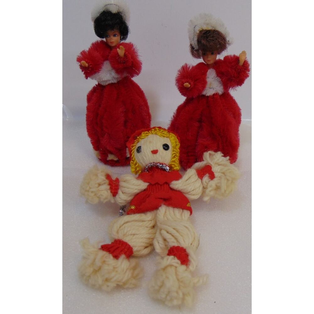 Christmas Dolls Homemade Raggedy Ann Fancy Type Burnette Red Head 6.6" Tall